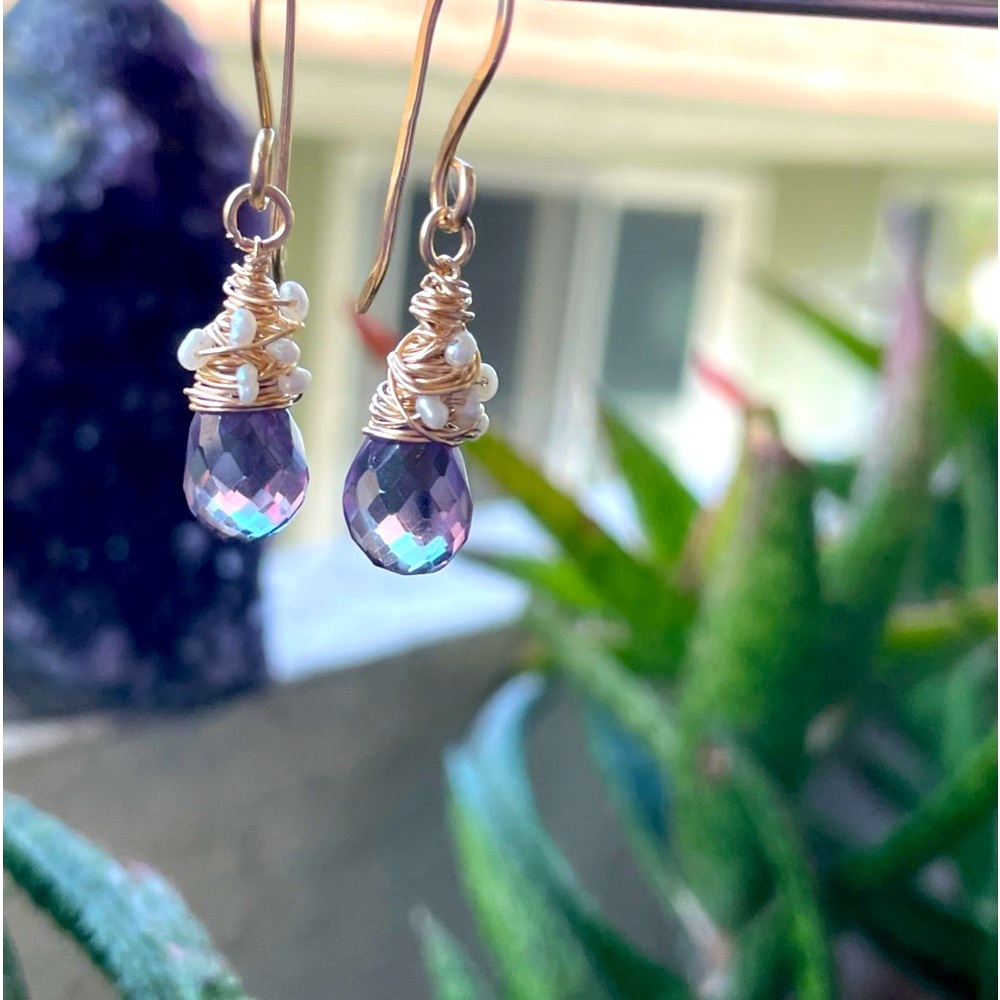 Alexandrite Crystals And Pearls Artisan Earrings 14K Gold Filled - Picture 9 of 16